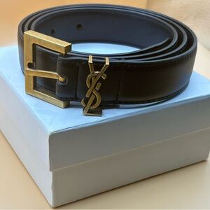 Black Leather YSL Belt with Gold Buckle